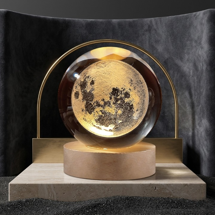 3D Crystal Ball Moon Night Light – Laser-Engraved Glass Sphere with Warm LED Wooden Base
