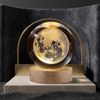 3D Crystal Ball Moon Night Light – Laser-Engraved Glass Sphere with Warm LED Wooden Base