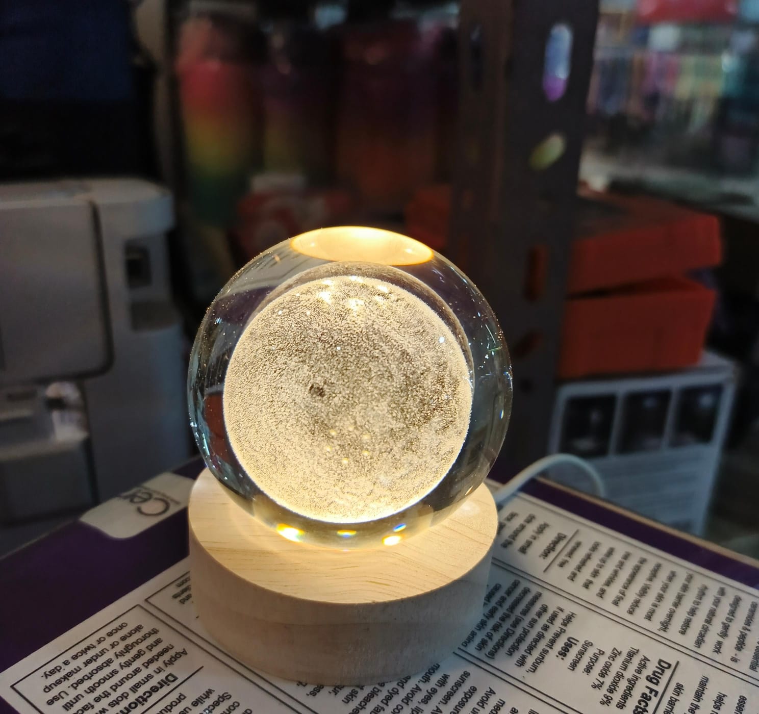 3D Crystal Ball Moon Night Light – Laser-Engraved Glass Sphere with Warm LED Wooden Base