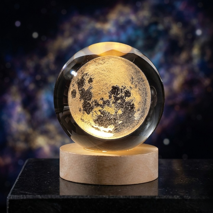 3D Crystal Ball Moon Night Light – Laser-Engraved Glass Sphere with Warm LED Wooden Base