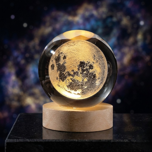 3D Crystal Ball Moon Night Light – Laser-Engraved Glass Sphere with Warm LED Wooden Base