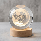 3D Crystal Ball Moon Night Light – Laser-Engraved Glass Sphere with Warm LED Wooden Base