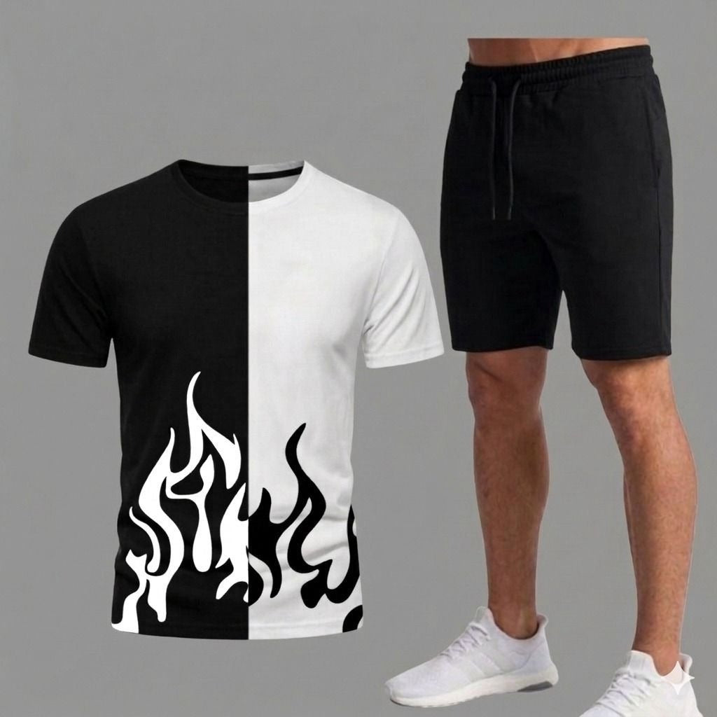 2 PCs Stylish Printed Summer Track Suit for Men – Casual Loose Fit Long Sleeve T-Shirt & Pants Set (Size Extra Large)